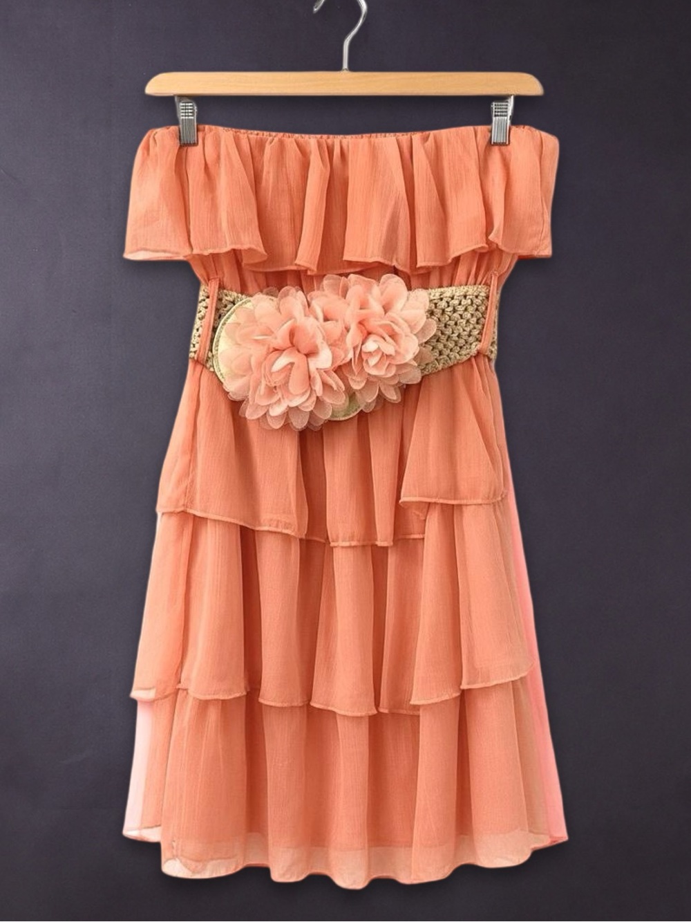 Rue21 Coral Off Shoulder Tiered Ruffle Dress w/ Floral Stretch Belt Size Small
